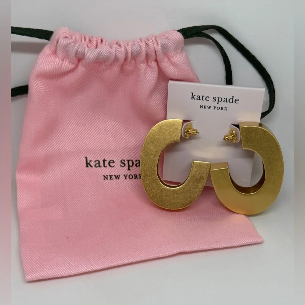 NEW‎ Kate Spade Urban Jungle C-Shaped Hoop Earrings Worn Gold Chunky Dust Bag